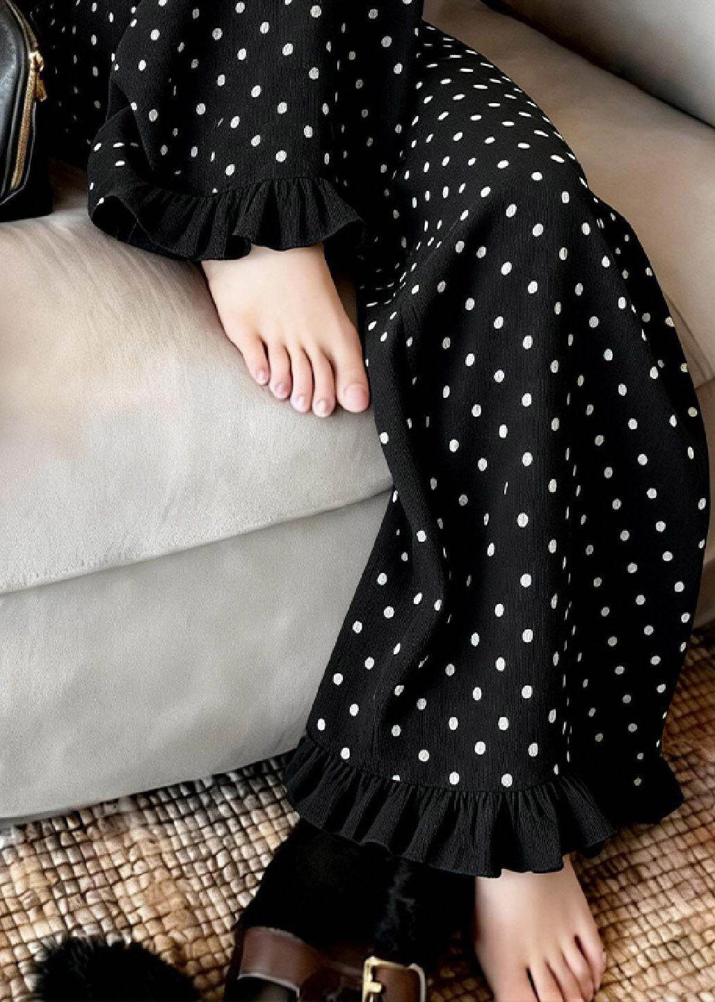 Black Ruffled Dot Print Wide Leg Pants Summer