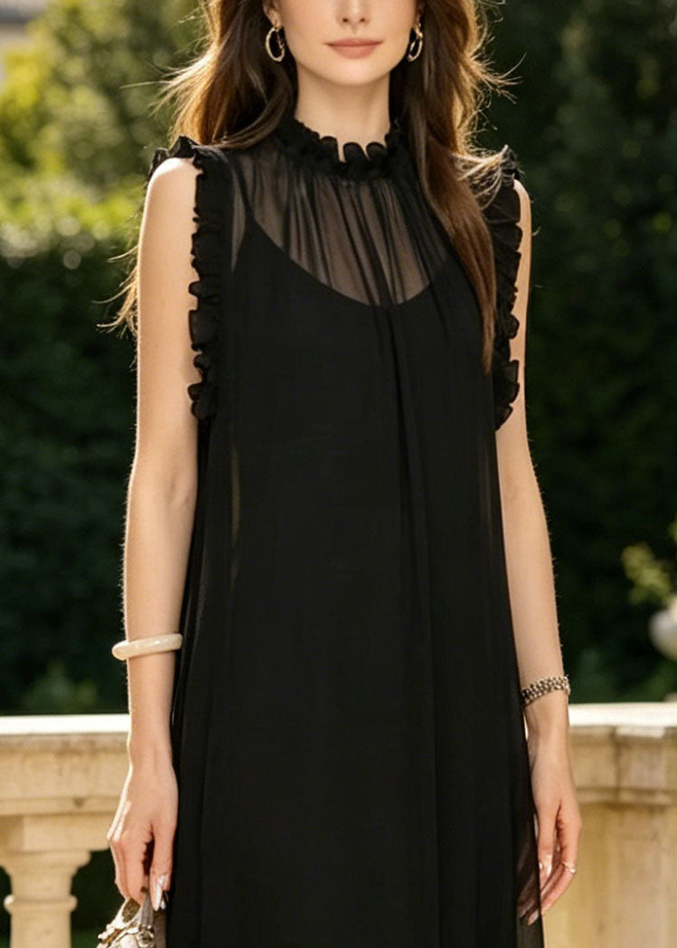 Black Ruffled Draping Chiffon Party Dress Sleeveless