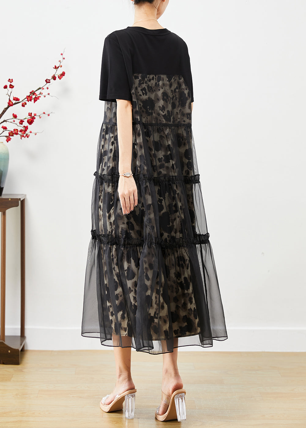 Black Ruffled Tulle Patchwork Exra Large Hem Cotton Dress Summer