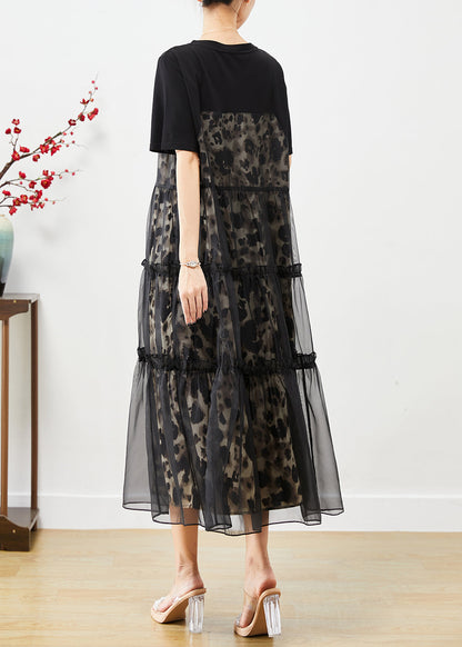 Black Ruffled Tulle Patchwork Exra Large Hem Cotton Dress Summer