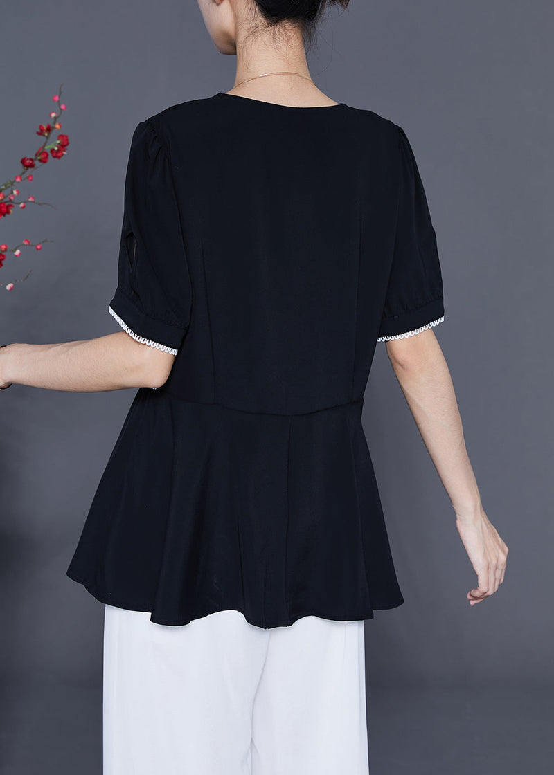 Black Slim Fit Patchwork Exra Large Hem Chiffon Blouse Tops Summer