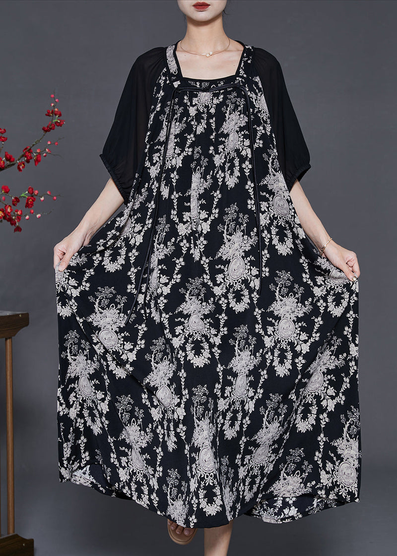 Black Tasseled Print Chiffon Holiday Dress Summer