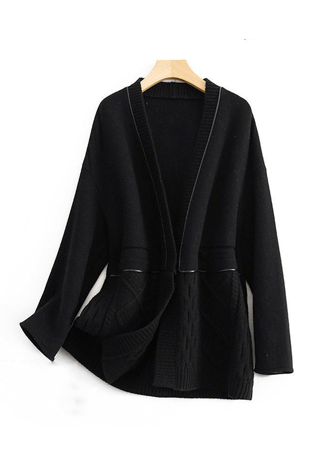 Black V Neck Button Knit Patchwork Woolen Coats Long Sleeve