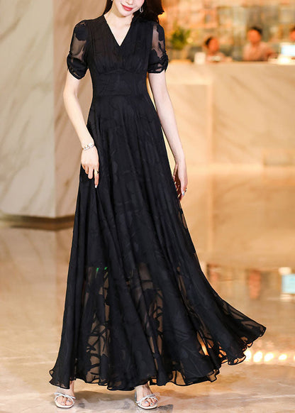 Black V Neck High Waist Tulle Patchwork Chiffon Long Dress Summer