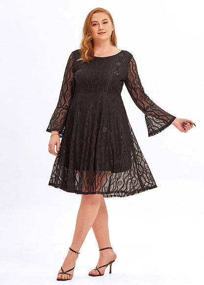 Black V Neck Patchwork Lace a Line Mid Dresses Flare Sleeve
