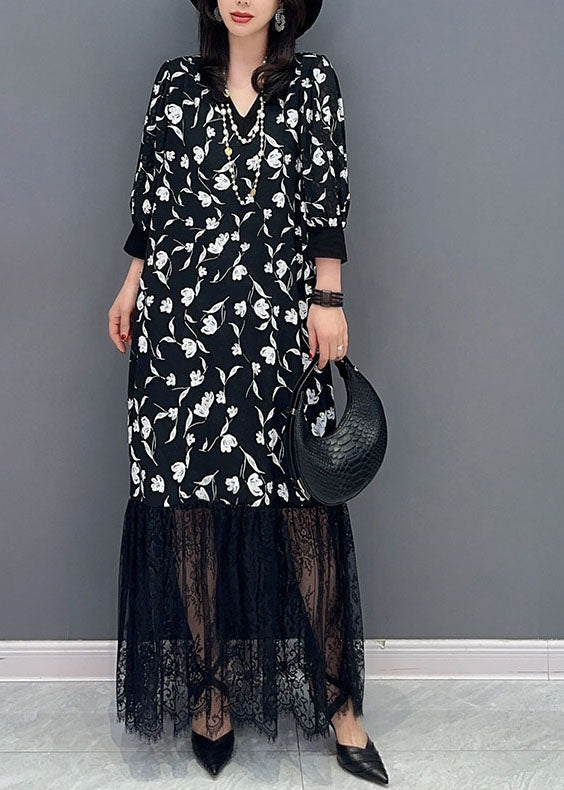 Black V Neck Print Lace Patchwork Cotton Dress Summer
