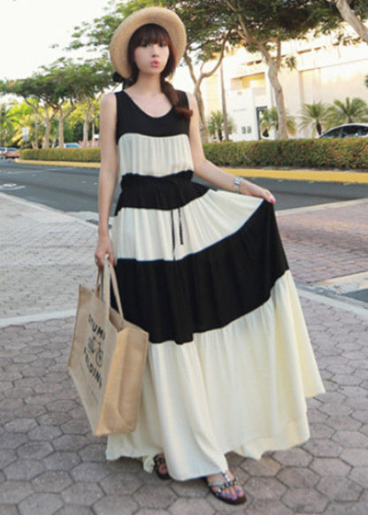 Black White Patchwork O-neck Tie Waist Chiffon Long Dress Sleeveless