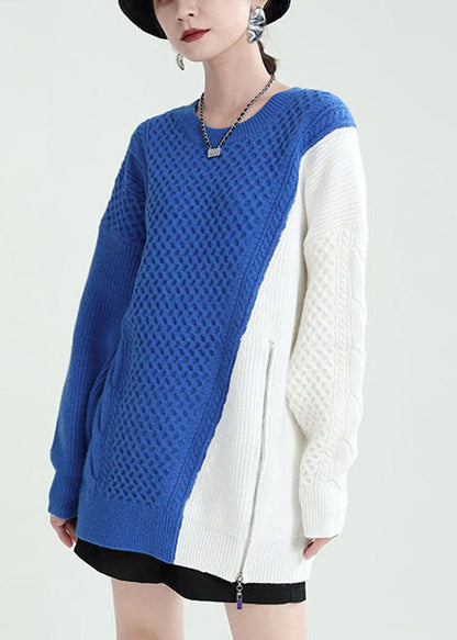 Black Zip Up Thick Patchwork Knit Pullover Sweater Winter