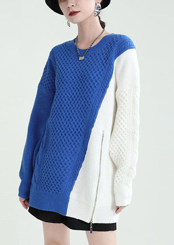 Black Zip Up Thick Patchwork Knit Pullover Sweater Winter