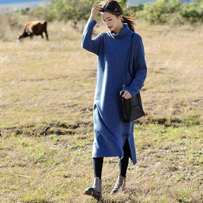 Blue and Red High Neck Maxi Sweater Dresses for