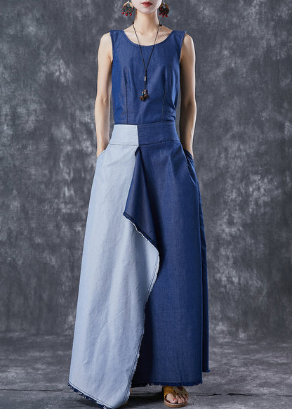 Blue Asymmetrical Patchwork Backless Denim Dress Summer