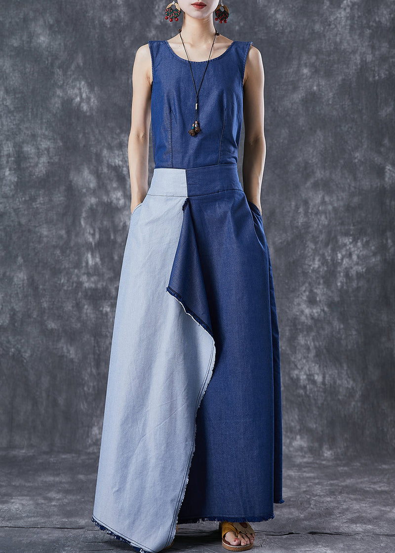Blue Asymmetrical Patchwork Backless Denim Dress Summer