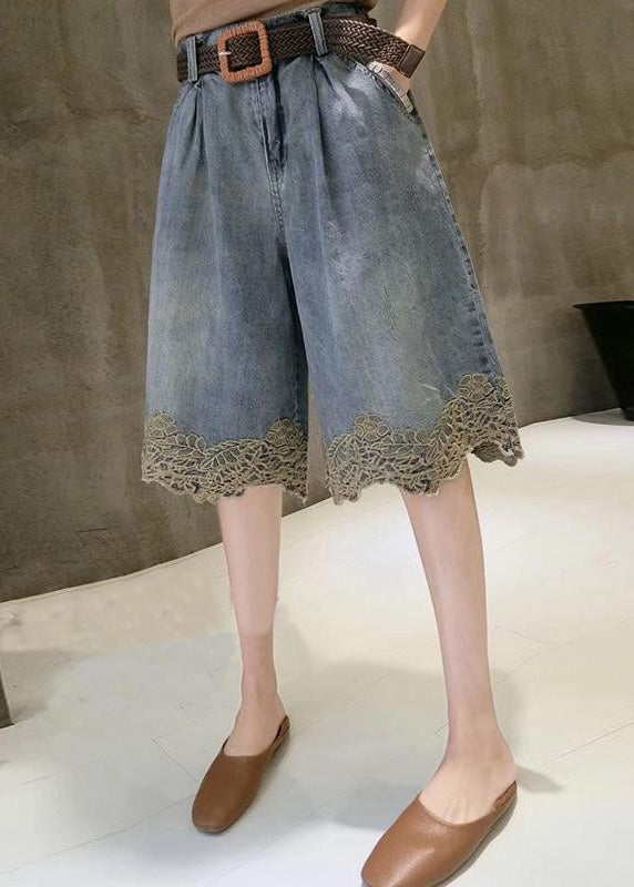 Blue High Waist Lace Patchwork Denim Shorts Summer