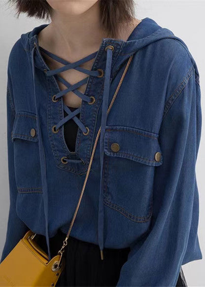 Blue Hooded Lace Up Denim Shirt Tops Long Sleeve