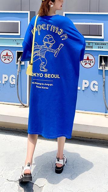 Blue O-neck Cotton Summer Maxi Dresses