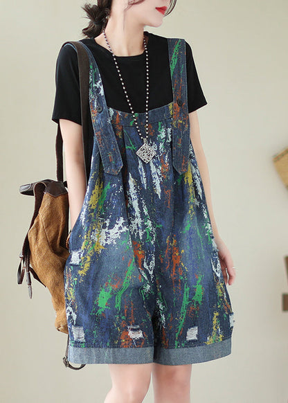 Blue Oversized Tie Dye Denim Jumpsuits Ripped Shorts Summer