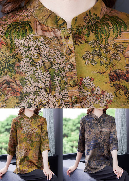 Blue Patchwork Print Button Silk Blouse Tops Summer
