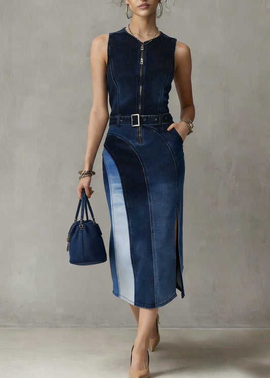 Blue Patchwork Sashes Side Open Vacation Denim Long Dresses