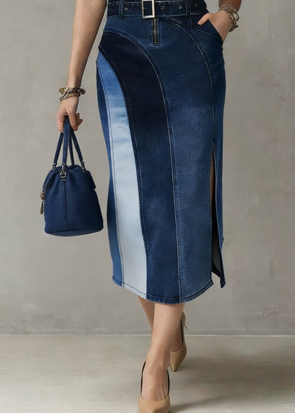 Blue Patchwork Sashes Side Open Vacation Denim Long Dresses