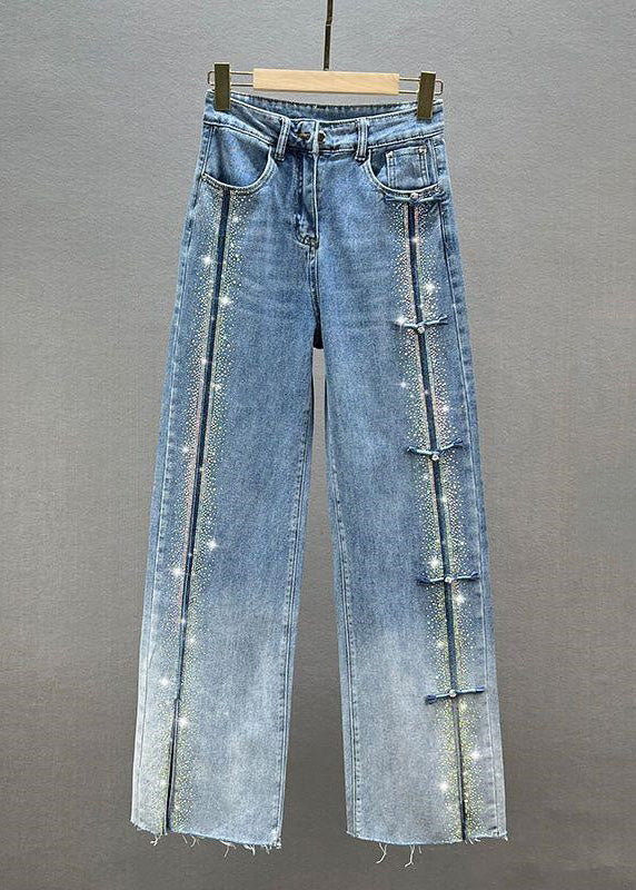 Blue Patchwork Zircon High Waist Wide Leg Jeans