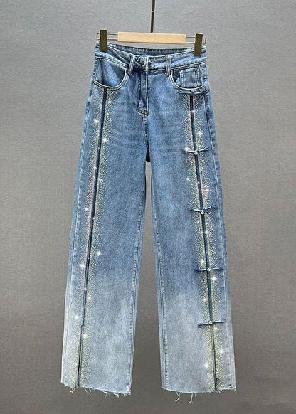 Blue Patchwork Zircon High Waist Wide Leg Jeans