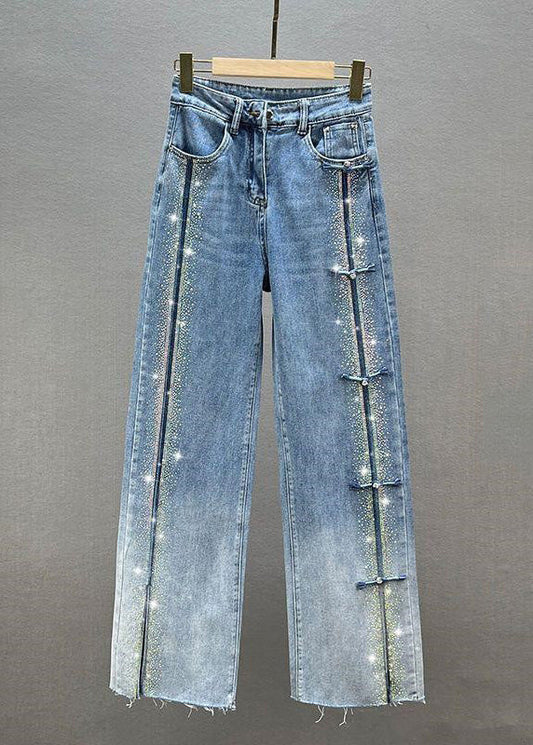 Blue Patchwork Zircon High Waist Wide Leg Jeans