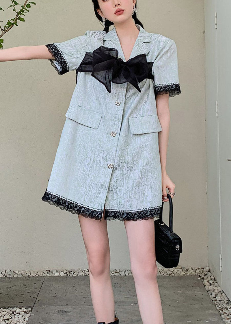 Blue Peter Pan Collar Organza Patchwork Button Mid Shirts Dresses Short Sleeve