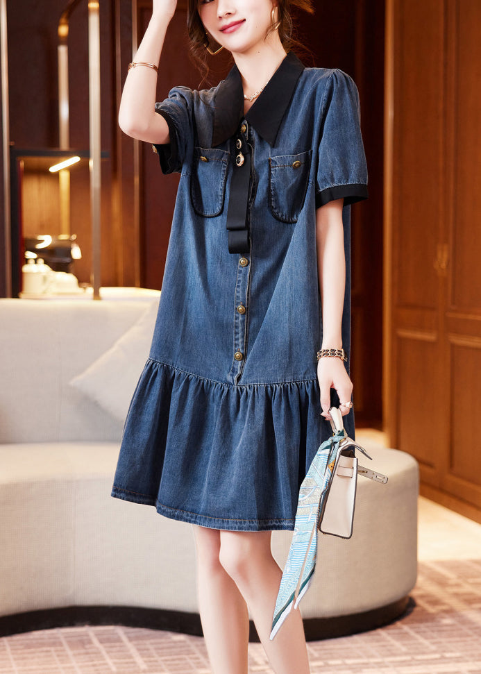 Blue Peter Pan Collar Patchwork Ruffles Denim Dresses Summer