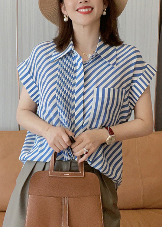 Blue Peter Pan Collar Striped Button Low High Design Silk Shirts Summer