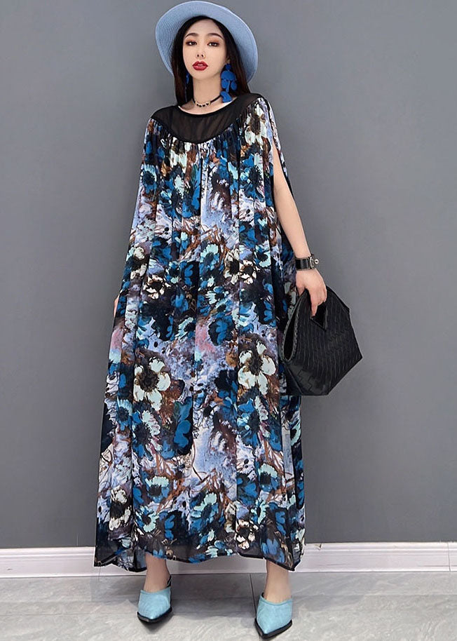 Blue Print Patchwork Draping Chiffon Long Dress Short Sleeve