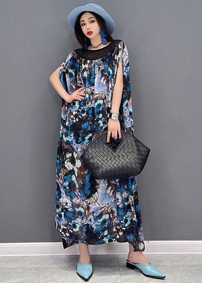 Blue Print Patchwork Draping Chiffon Long Dress Short Sleeve