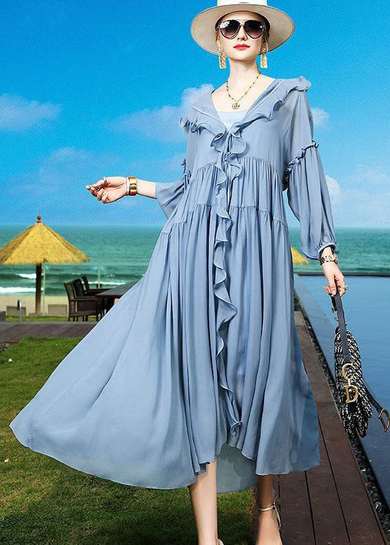 Blue Ruffled Asymmetrical Patchwork Silk Vacation Dresses Summer