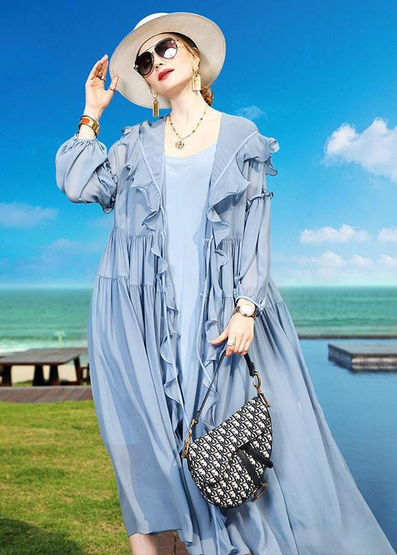 Blue Ruffled Asymmetrical Patchwork Silk Vacation Dresses Summer