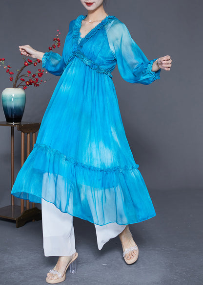 Blue Ruffled Exra Large Hem Silk Vacation Dresses Summer