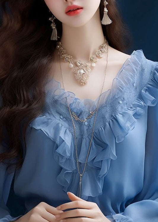 Blue Ruffled Chiffon Tops Long Sleeve