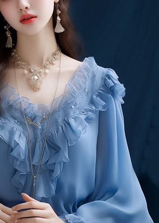 Blue Ruffled Chiffon Tops Long Sleeve