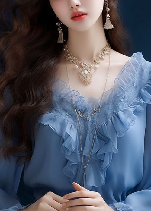 Blue Ruffled Chiffon Tops Long Sleeve