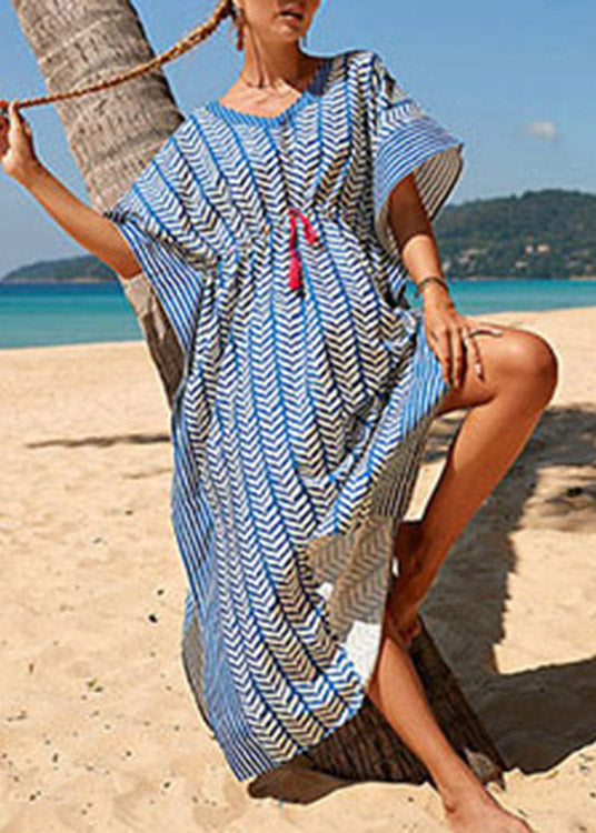 Blue Striped Print Drawstring Long Holiday Dress Summer