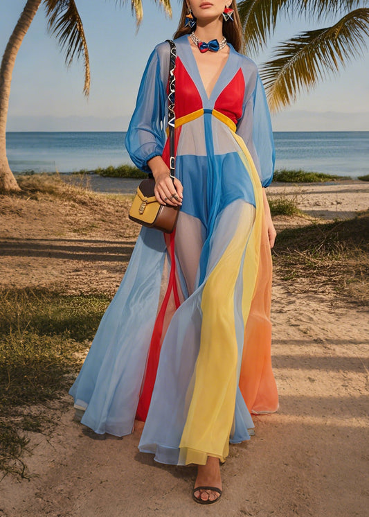 Blue V Neck Patchwork Tulle Maxi Dresses Summer