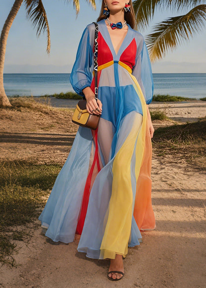 Blue V Neck Patchwork Tulle Maxi Dresses Summer