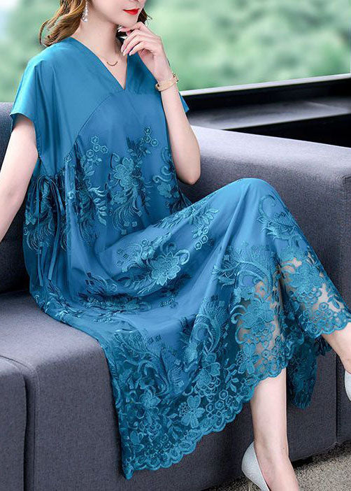 Blue V Neck Patchwork Tulle Silk Dresses Summer