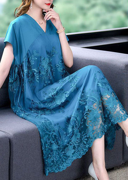 Blue V Neck Patchwork Tulle Silk Dresses Summer