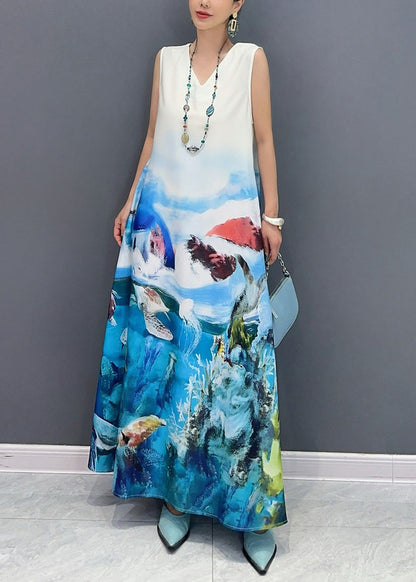 Blue V Neck Print Long Dress Sleeveless