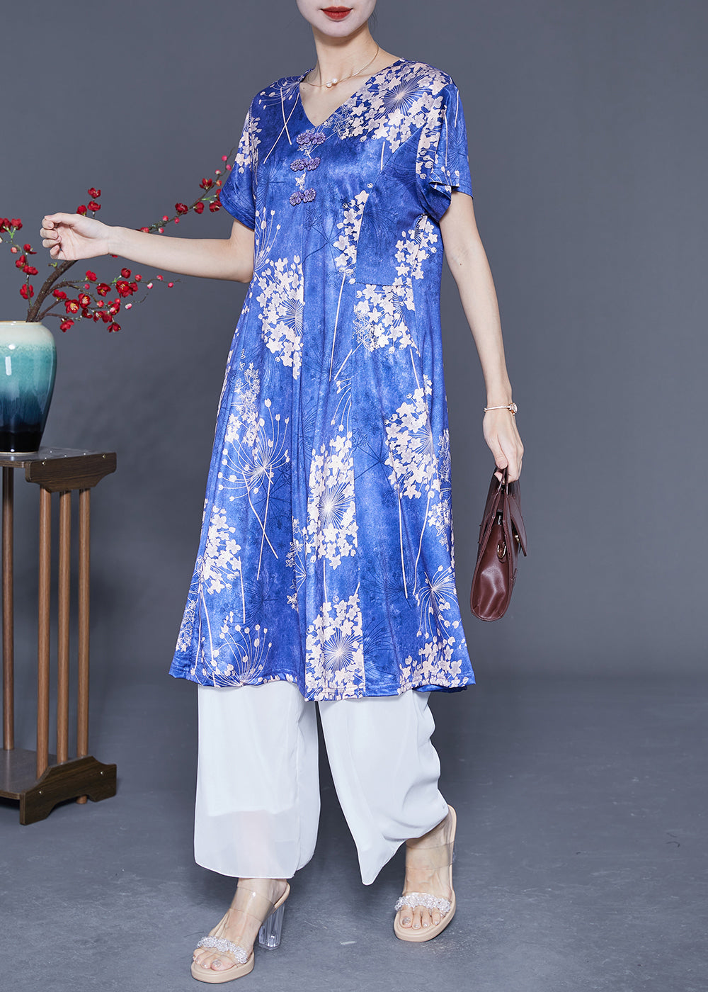 Blue V Neck Print Silk Holiday Dresses Summer
