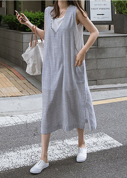 Blue V Neck Side Open Striped Cotton Beach Dress Summer