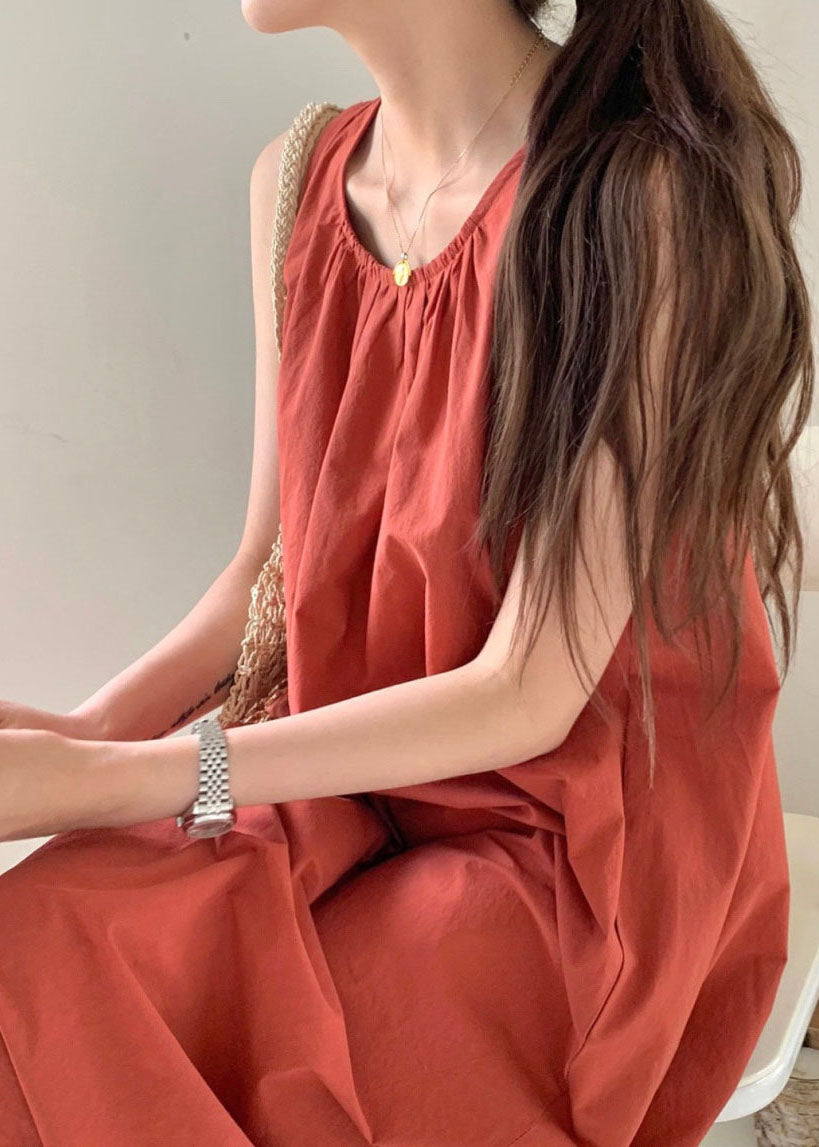 Brick Red O-neck Oversized Cotton Beach Dress Sleeveless
