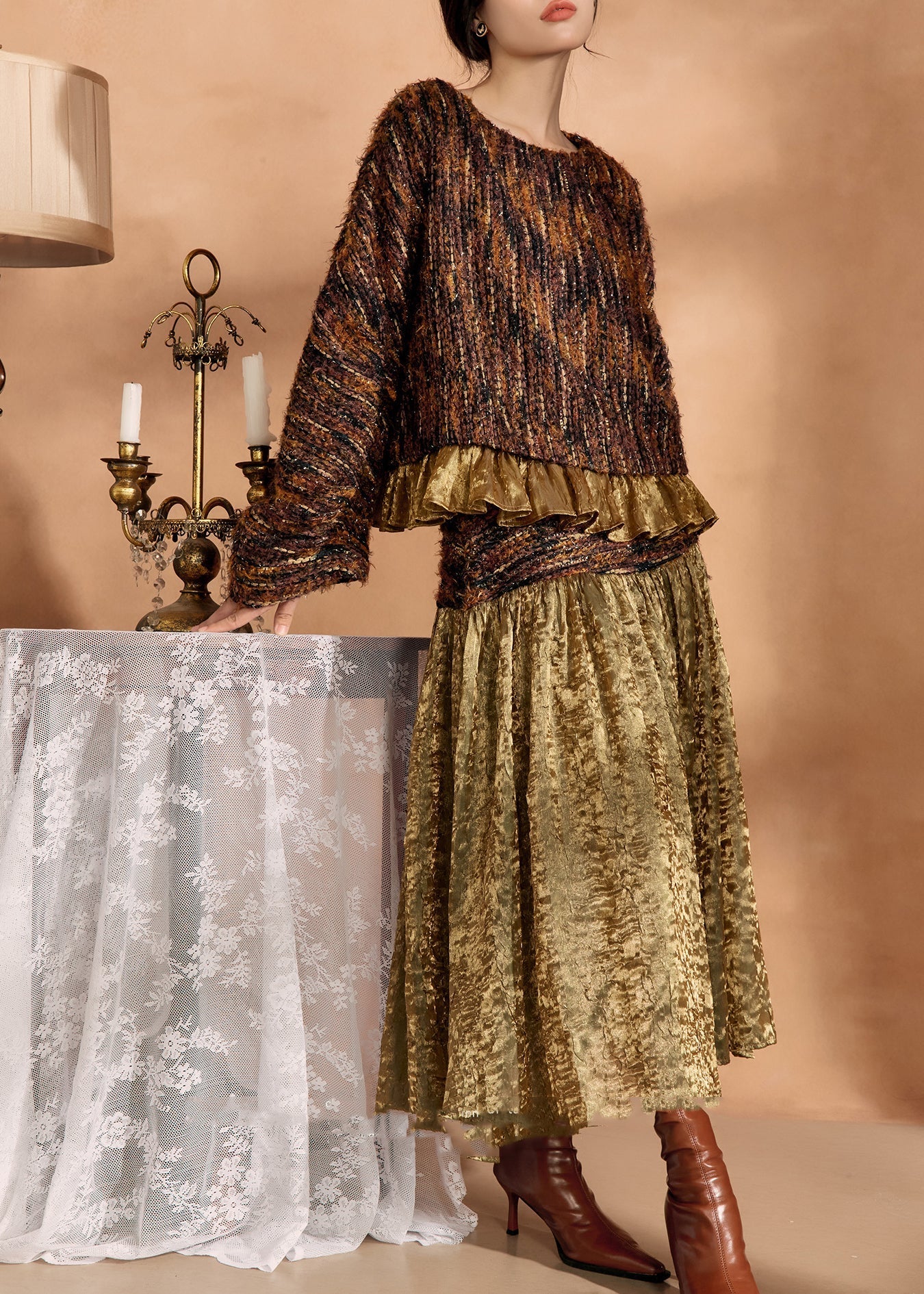 Brown Knit Sweaters and Silk Skirts Two Pieces Set Spring