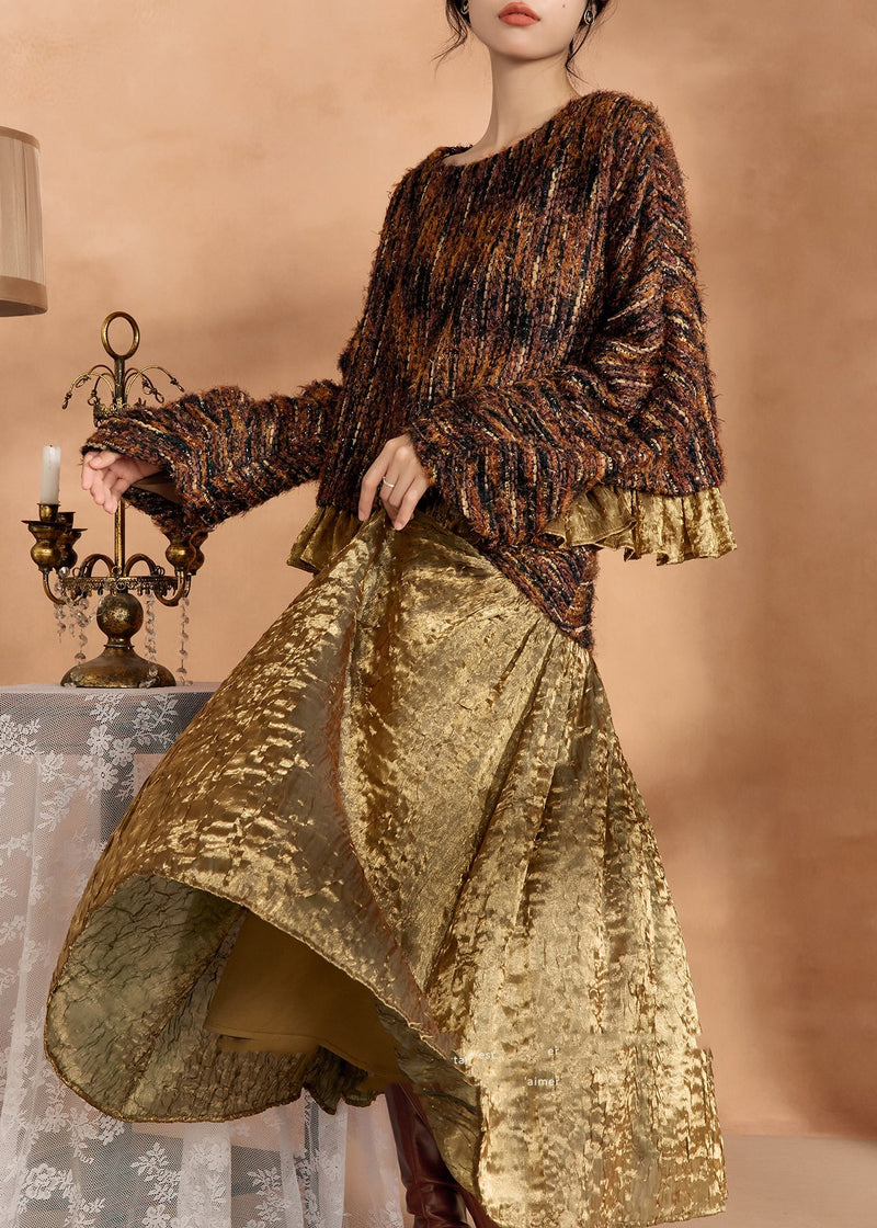 Brown Knit Sweaters and Silk Skirts Two Pieces Set Spring