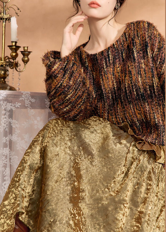 Brown Knit Sweaters and Silk Skirts Two Pieces Set Spring