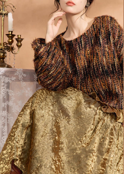 Brown Knit Sweaters and Silk Skirts Two Pieces Set Spring
